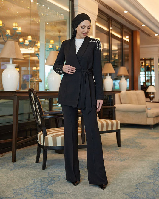 Black Formal Suit Set: Blazer + Wide-Cut Pants With Handmade Stone Embellishments On Shoulders & Sleeves