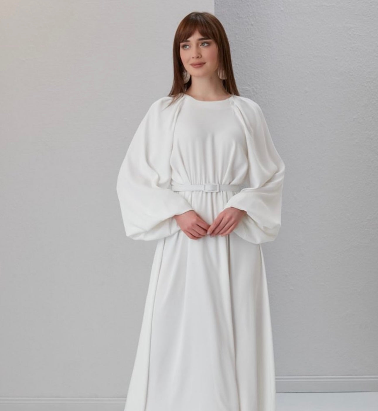 White Soft Viscose Dress With Wide Puff Sleeves + Belt