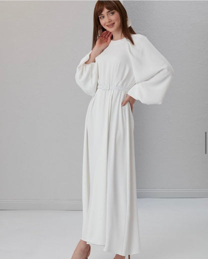 White Soft Viscose Dress With Wide Puff Sleeves + Belt