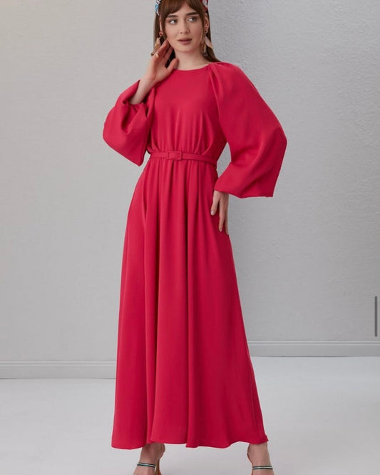 Pink Soft Viscose Dress With Wide Puff Sleeves + Belt