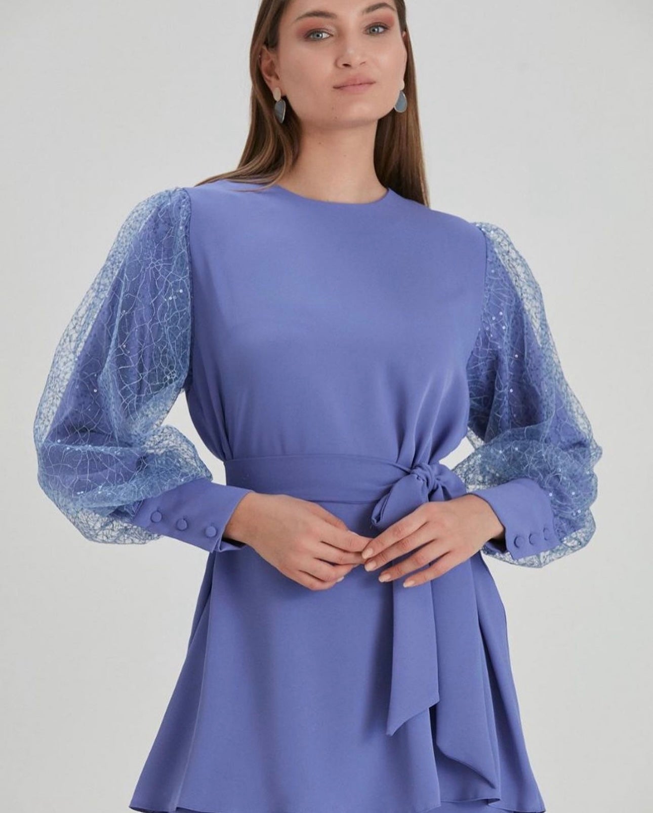 Set Of Shirt With Puff Chiffon Sleeves & Sequins + Wide Pants + Belt