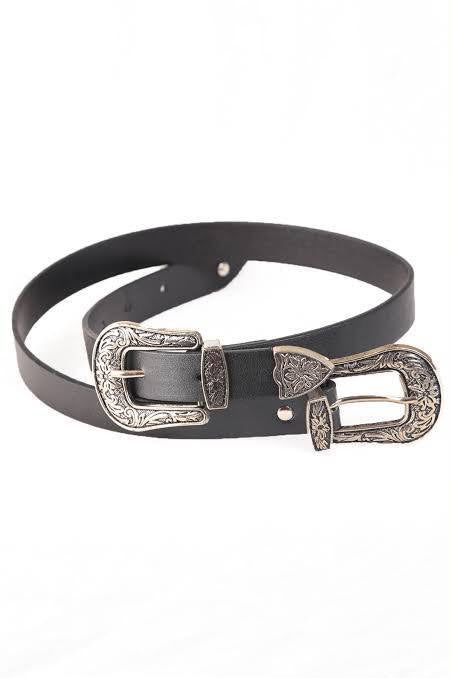 Black Leather Belt With Double Metal