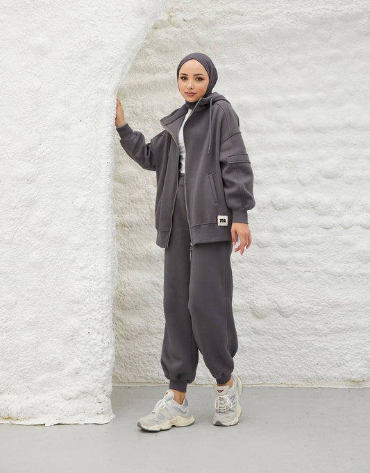 Gray suit set : Zip-Up Sweater With Hood+Pants