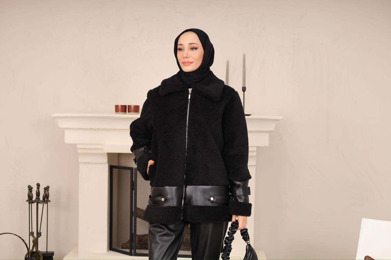 Fur Jacket With Leather Designed With Straps For The Sleeves