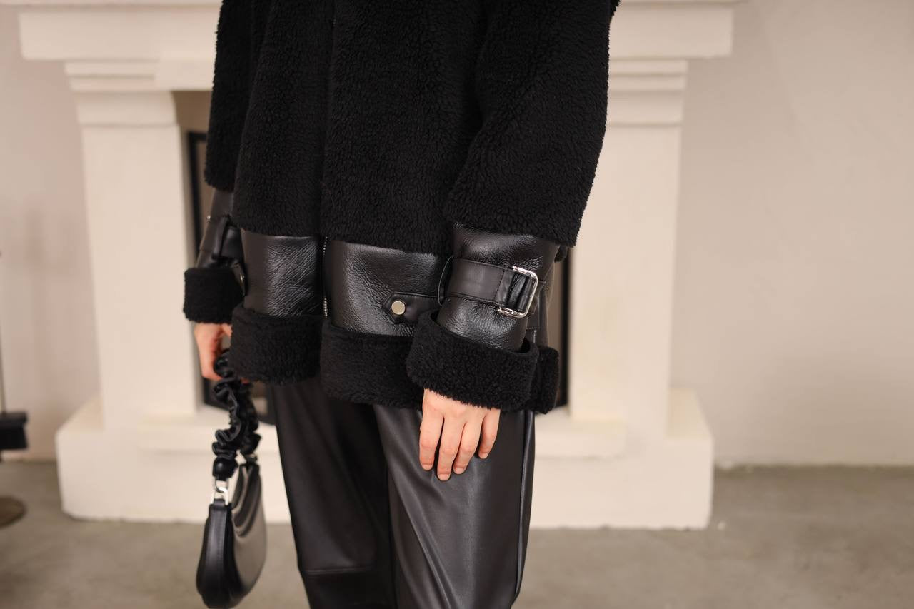 Fur Jacket With Leather Designed With Straps For The Sleeves