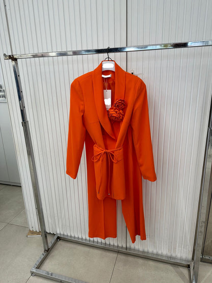 Full Orange Set : Blazer & Pants With two flowers Trendy brooch