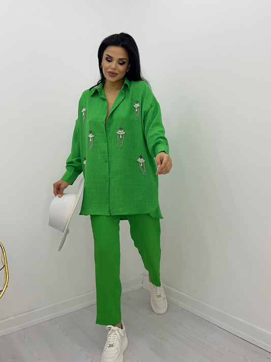 Green Summer Suit Set: Hand-Woven Crystal Jacket With Pearls On The Front + Pants